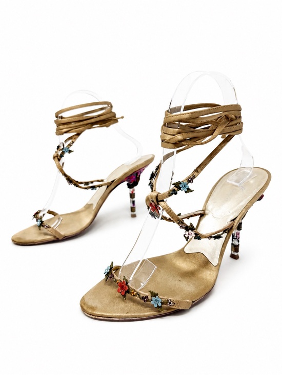 Giuseppe Zanotti Shoes - Giuseppe Zanotti Satin Floral Embellished Wrap Sandal Heels Womens Size 7.5